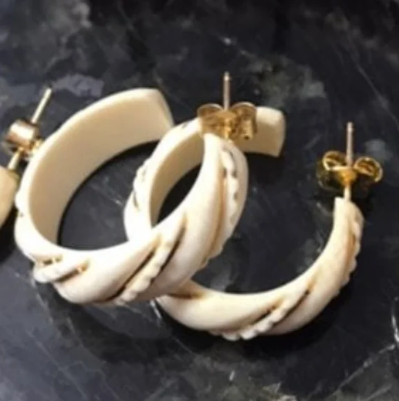 Genuine Ivory & 14 karat gold hoop earrings w/ gold ribboning, posts & backings - Picture 1 of 8